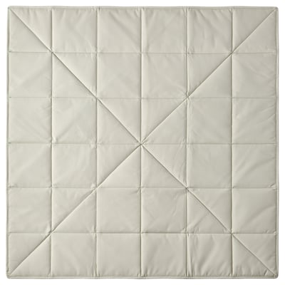 The GREJSIMOJS: light grey square-shaped weighted blanket with square patterns.