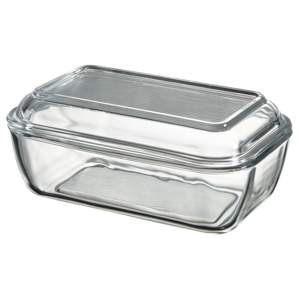 Rectangular glass butter dish with lid, clear, simple design, keeps butter fresh.