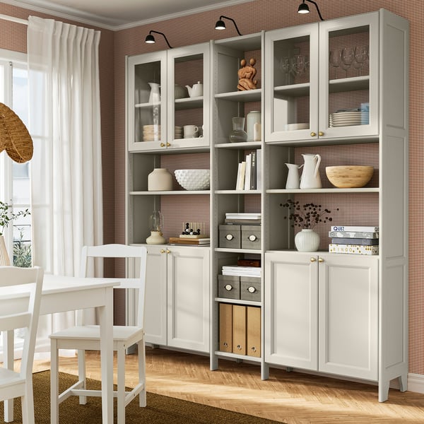 GULDDRAGARE Storage combination, beige clear glass/with doors with shelves, 200x37x216 cm