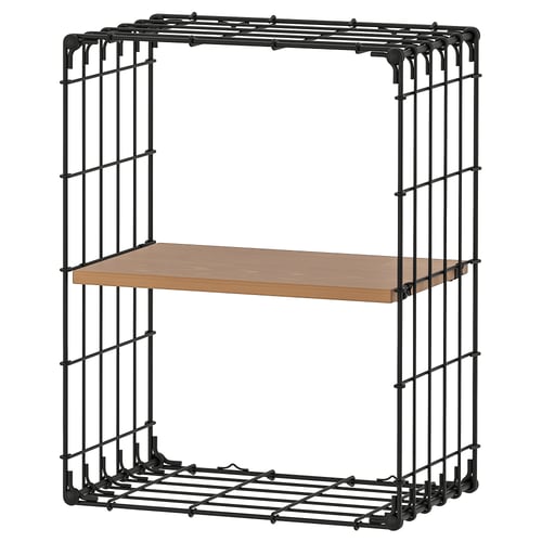 GULLHULT wall shelf, black, metal and wood, rectangular shape, simple design.