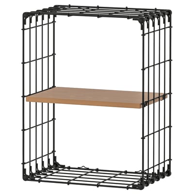 GULLHULT wall shelf, black, metal and wood, rectangular shape, simple design.