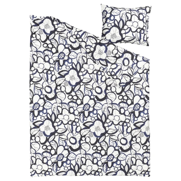 HÄRLIR Duvet cover and pillowcase, white black/blue floral pattern, 150x200/50x60 cm