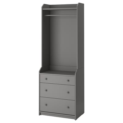 Grey HAUGA wardrobe with 3 drawers, open hanger space, minimalist design, sturdy particleboard & acrylic paint construction.