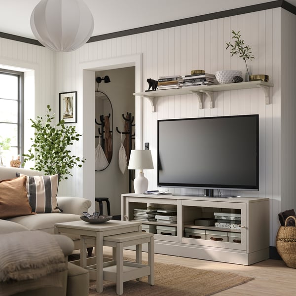 HAVSTA TV bench with plinth, grey-beige, 160x47x62 cm