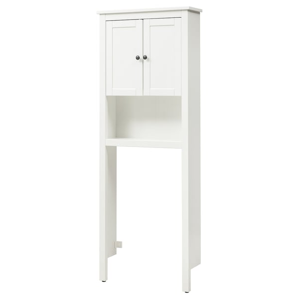 A white HEMNES cabinet with a closed top section and open middle shelf, standing on four legs.