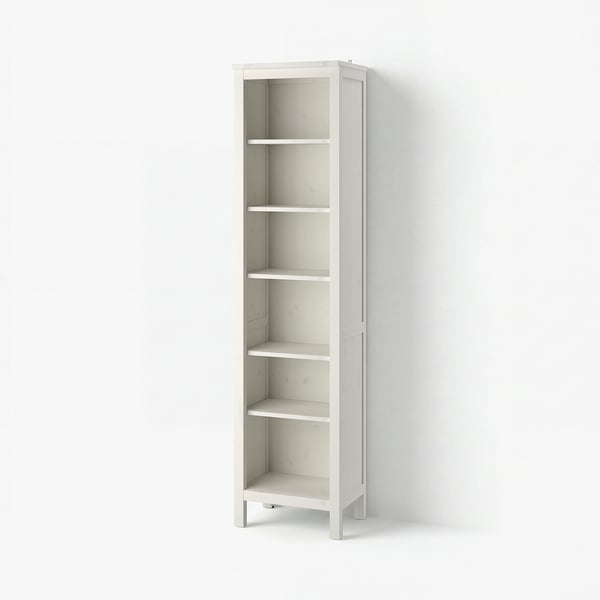 A tall, white HEMNES bookshelf. Made of solid pine, it has five adjustable shelves, standing on four legs. Its minimalist design suits various spaces.
