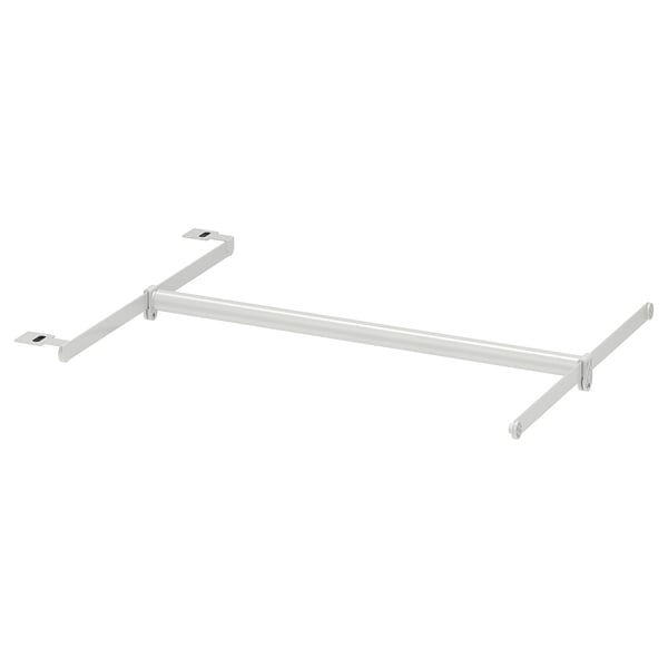 A white, adjustable clothes rail hanger from ikea. Made of steel with plastic connections, it has a practical, simple design for easy mounting.
