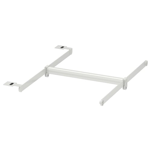 The HJÄLPA adjustable clothes rail is white, made of steel and plastic, hooks for mounting, and is designed for organising clothes in storage systems.