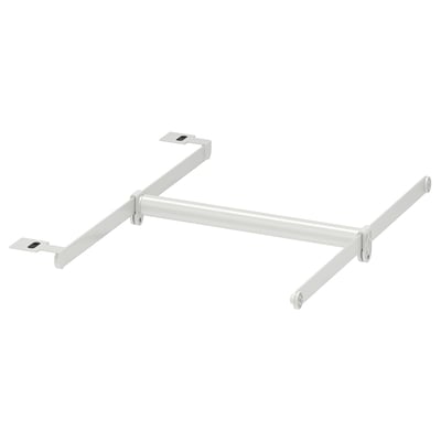The HJÄLPA adjustable clothes rail is white, made of steel and plastic, hooks for mounting, and is designed for organising clothes in storage systems.
