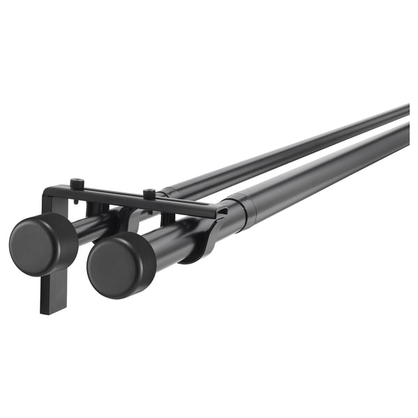 Black HUGAD curtain rod set, includes 2 extendable rods, 3 brackets, 3 holders, and 4 finials, ideal for double-layer curtains.