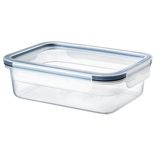 A clear, rectangular IKEA 365+ food container with a blue, leak-proof lid, made of durable plastic, perfect for transporting and storing food.