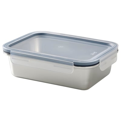 IKEA 365+ stainless steel food container with clear snap-lock lid, rectangular shape, aroma-tight seal.