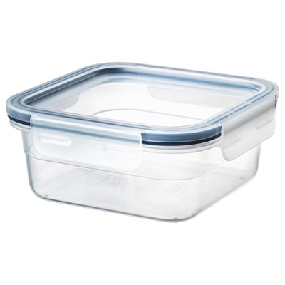 IKEA 365+ clear square plastic food container with blue lid, snap-lock design.