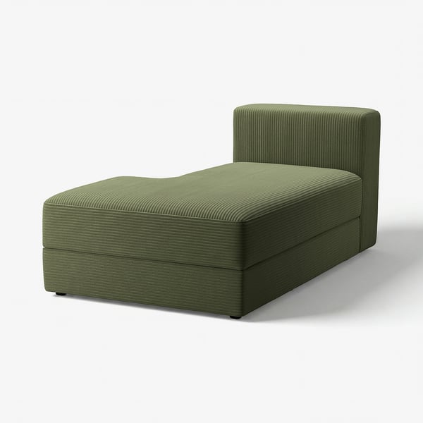 JÄTTEBO olive green chaise longue, modern minimalist design, wide-wale corduroy cover, left-facing l-shape.