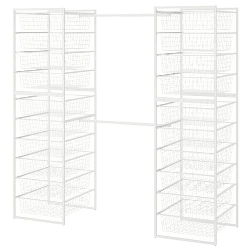 Two white JONAXEL storage shelving units with multiple wire baskets and an adjustable clothes rail in the center.