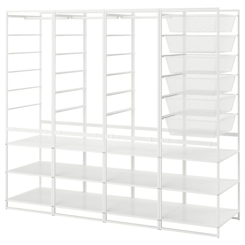 A white JONAXEL storage system with shelves and mesh baskets, ideal for organizing clothes and accessories.