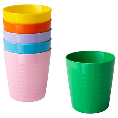 Six colourful plastic cups in pink, green, blue, purple, orange, and yellow, stacked for kids.