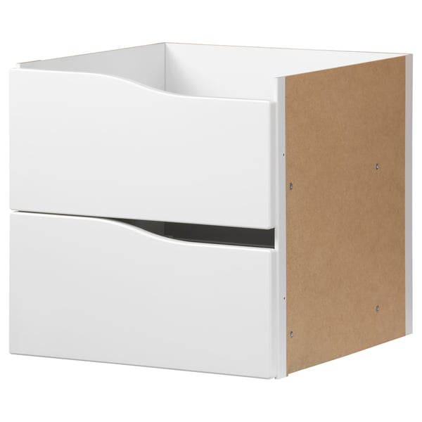Ikea KALLAX white storage unit with 2 drawers, rectangular shape, smooth design, made of fibreboard and particleboard.