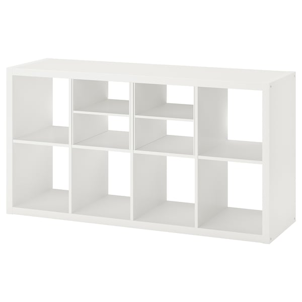 White KALLAX cube storage unit with multiple open compartments.