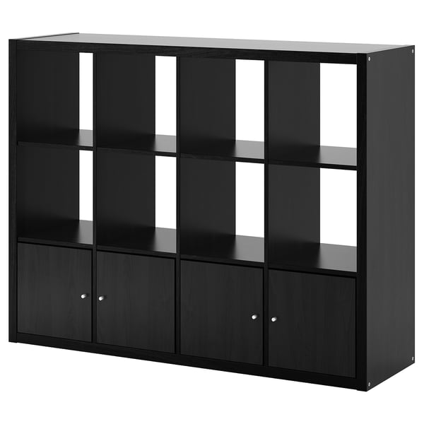 Black KALLAX shelf unit, cube design, wooden with reversible doors.