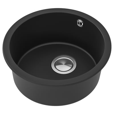 KILSVIKEN black quartz sink, circular, single bowl, stainless drain cover, modern design.