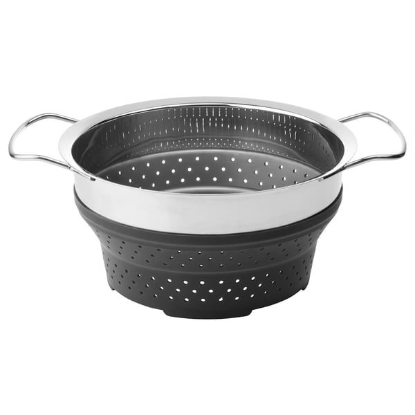 KLOCKREN stainless steel and silicone colander, black, round, foldable, with handles.