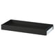 Black steel drawer, handle-free, smooth action.
