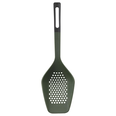 Green silicone slotted spatula; ergonomic handle, holes for draining.