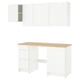 Modern white kitchen setup with wood countertop, featuring cabinets and drawers for efficient storage.