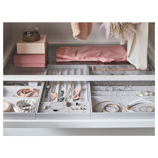 KOMPLEMENT jewellery organiser; white; felt & fibreboard; compartments; stores necklaces, rings, earrings.