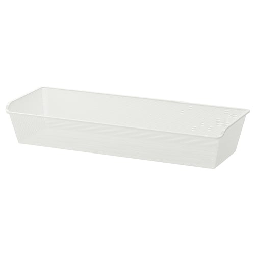 A white wire mesh basket named KOMPLEMENT, made from steel with a powder coat finish, rectangular in shape, designed for storage.