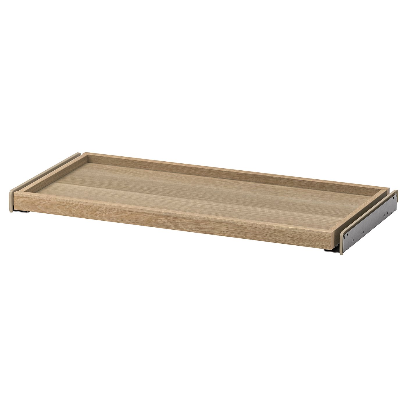 Ko�mplant roll-out tray, light brown wood, metal sides, rectangular, simple design.