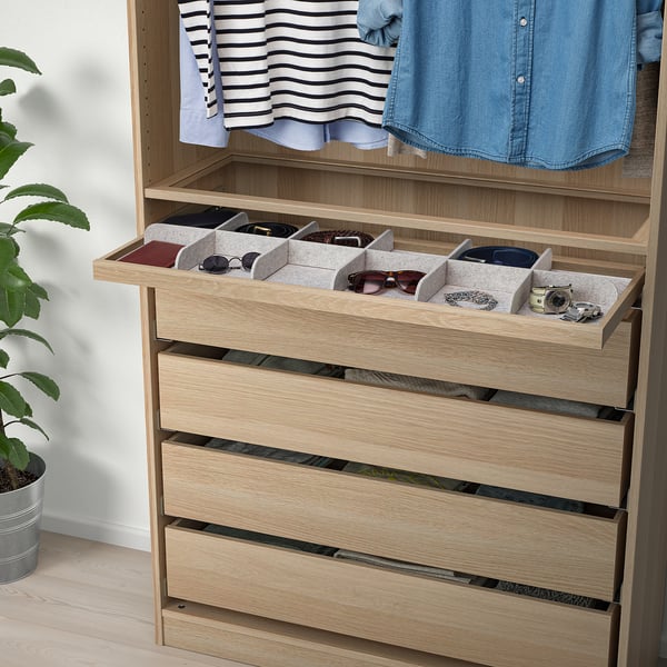 Wooden dresser with open drawer, accessories, soft-close. IKEA KOMPLEMENT.