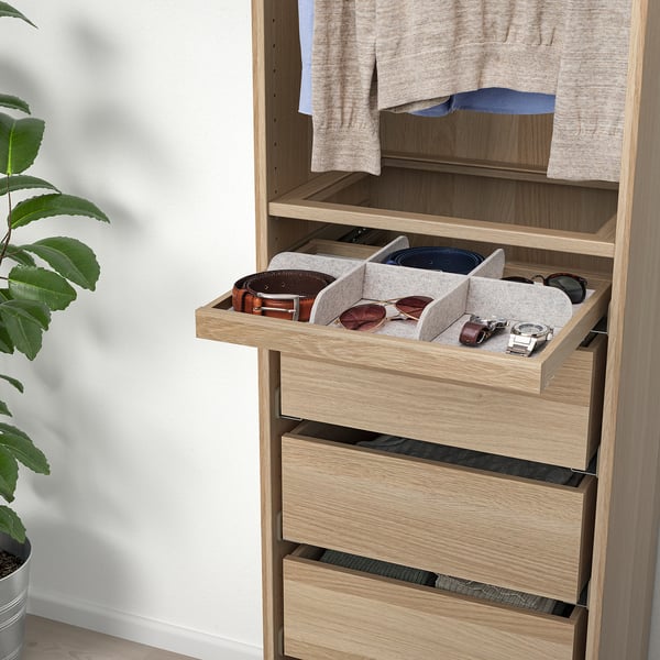 Drawer unit with belts, sunglasses, tall wardrobe, plant.