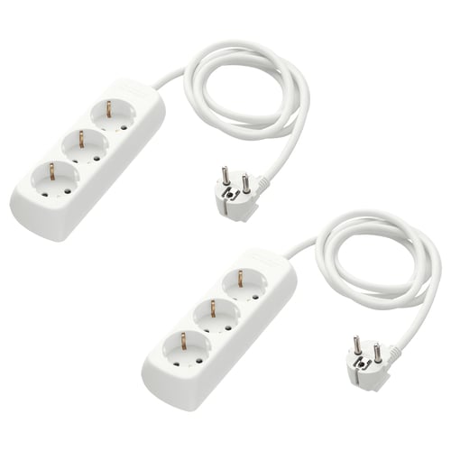 Two white KOPPLA power strips, each with three earthed sockets, linked by long white cables and plugs.