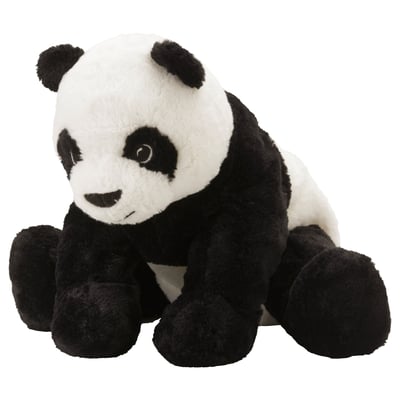Cute panda cuddly toy, black and white, soft, round body, sitting position, friendly face.