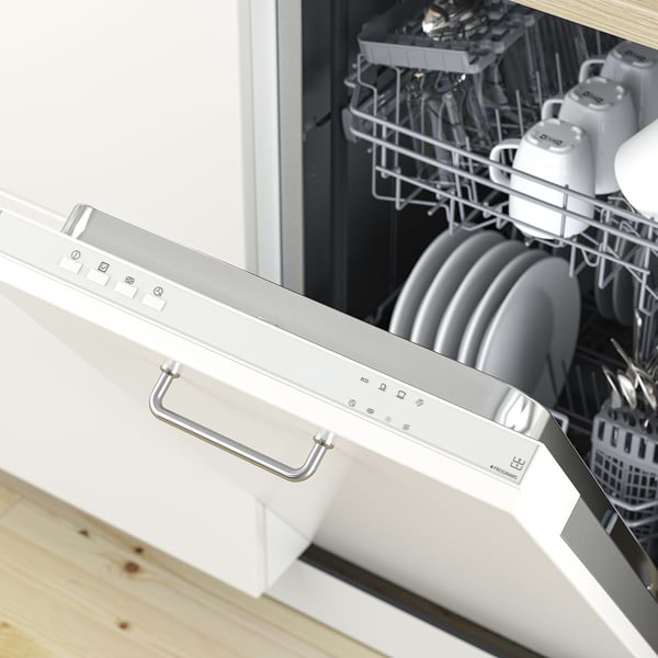 Open dishwasher with loaded bowls, cups, and plates; control panel visible, showing functions like eco and rapid wash.