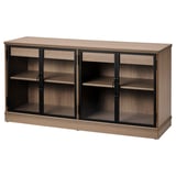 A LANESUND sideboard in light brown with three glass doors, made of wood and metal, with a rectangular shape and modern design.