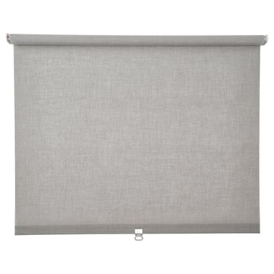 Grey roller blind, cordless, recycled polyester, tall windows/doors.