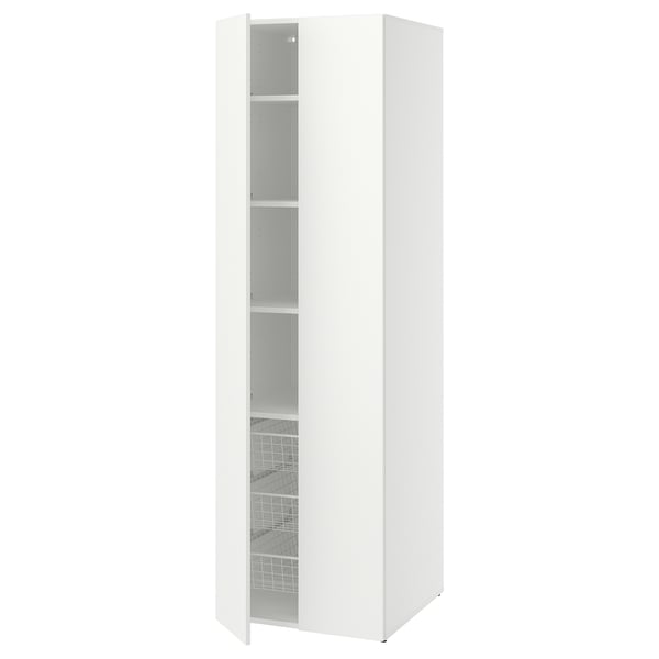 A white LASTARE cabinet with glass doors and pull-out baskets.