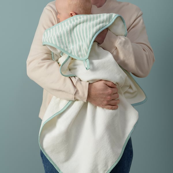 LEN Baby towel with hood, white blue/stripe pattern, 80x80 cm