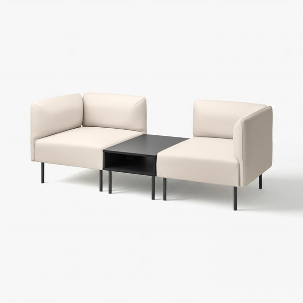 Modern beige modular sofa with a sleek black side table, clean lines, and minimalist design.