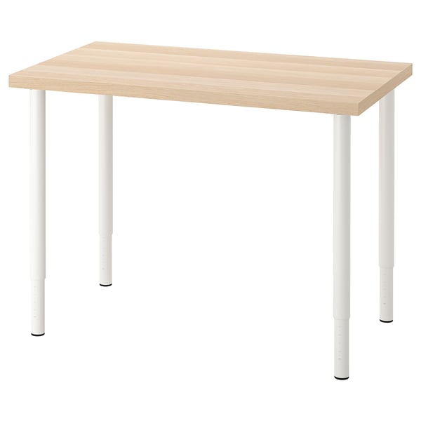A LINNMON desk with a light wooden top and white, adjustable legs.