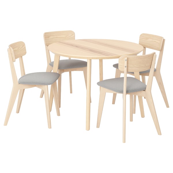 This set includes a light wood round table and four matching chairs with grey cushions.