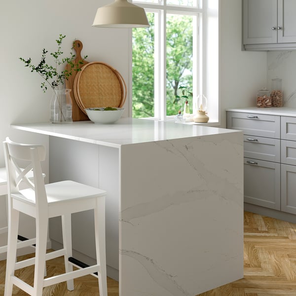 LOCKEBO Custom made worktop, white/grey-beige marble effect/glass composite, 1 m²x2.0 cm