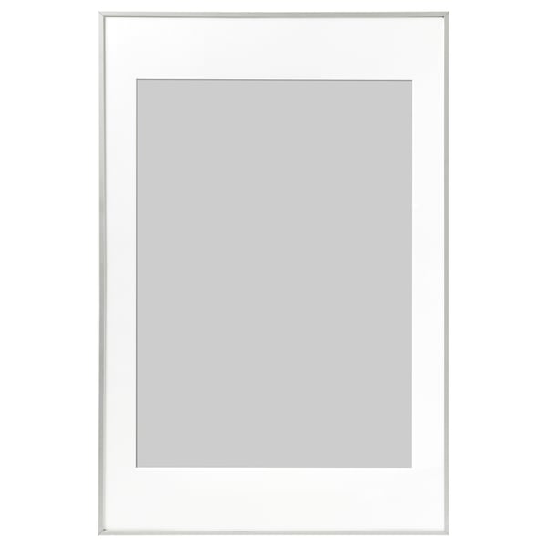 LOMVIKEN picture frame, silver. Slim metal edge, protective plastic front, vertical or horizontal use.