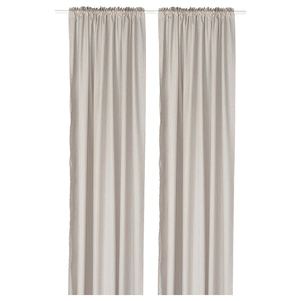 Beige and white striped curtains with heading tape, made from recycled polyester.