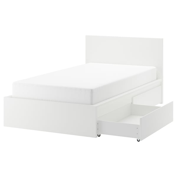 White MALM bed with one open storage drawer, sleek modern design.