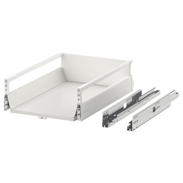 A MAXIMERA white drawer with full-extension slides. It a smooth, rectangular design with metallic hardware for easy and silent closing.