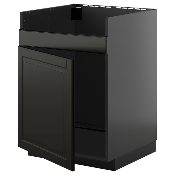 Black kitchen cabinet with modern design, smooth finish.